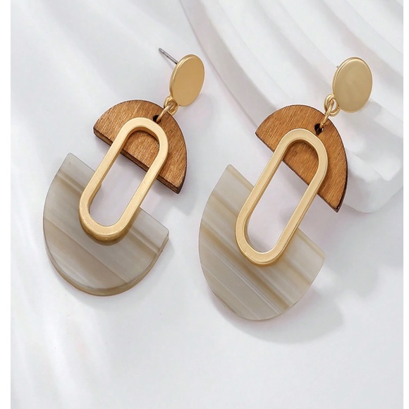 Gold Tone Stainless Steel Statement Wood Earrings - Picture 3 of 3